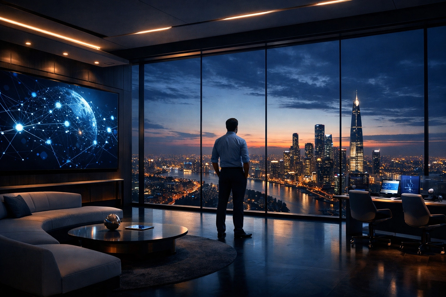 Strategic media innovation at a high-end corporate center overlooking a city skyline for global brand growth.