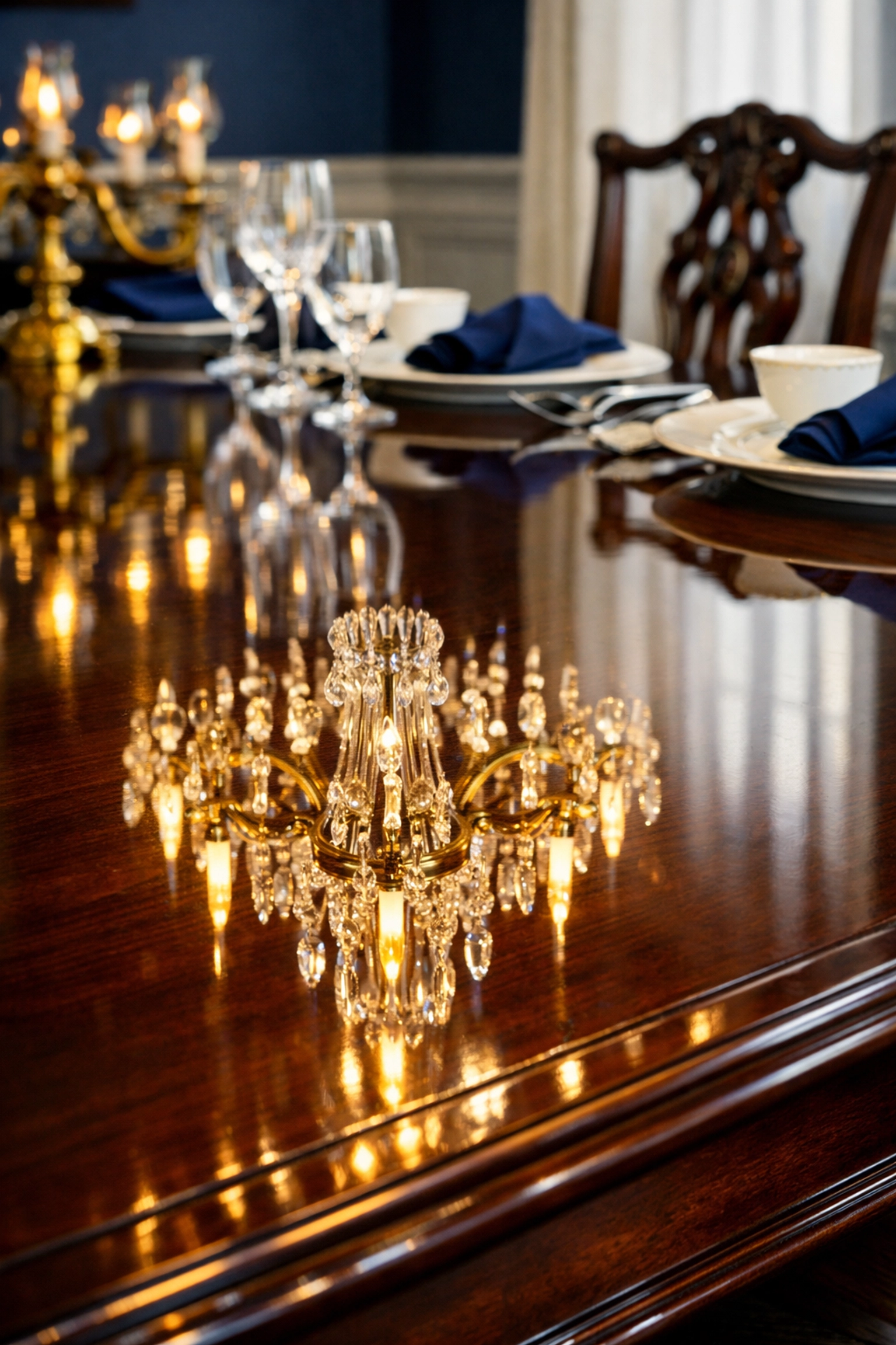 Chandelier reflection on a polished dining table from high-end luxury house cleaning in Hamilton.