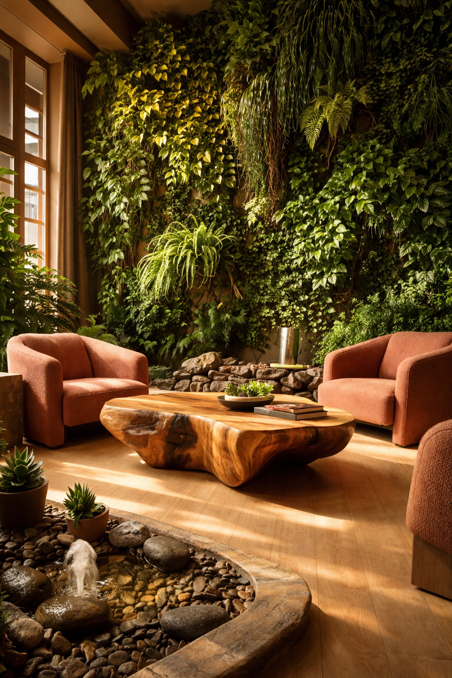 Biophilic hotel lobby design with terracotta armchairs and lush living green wall