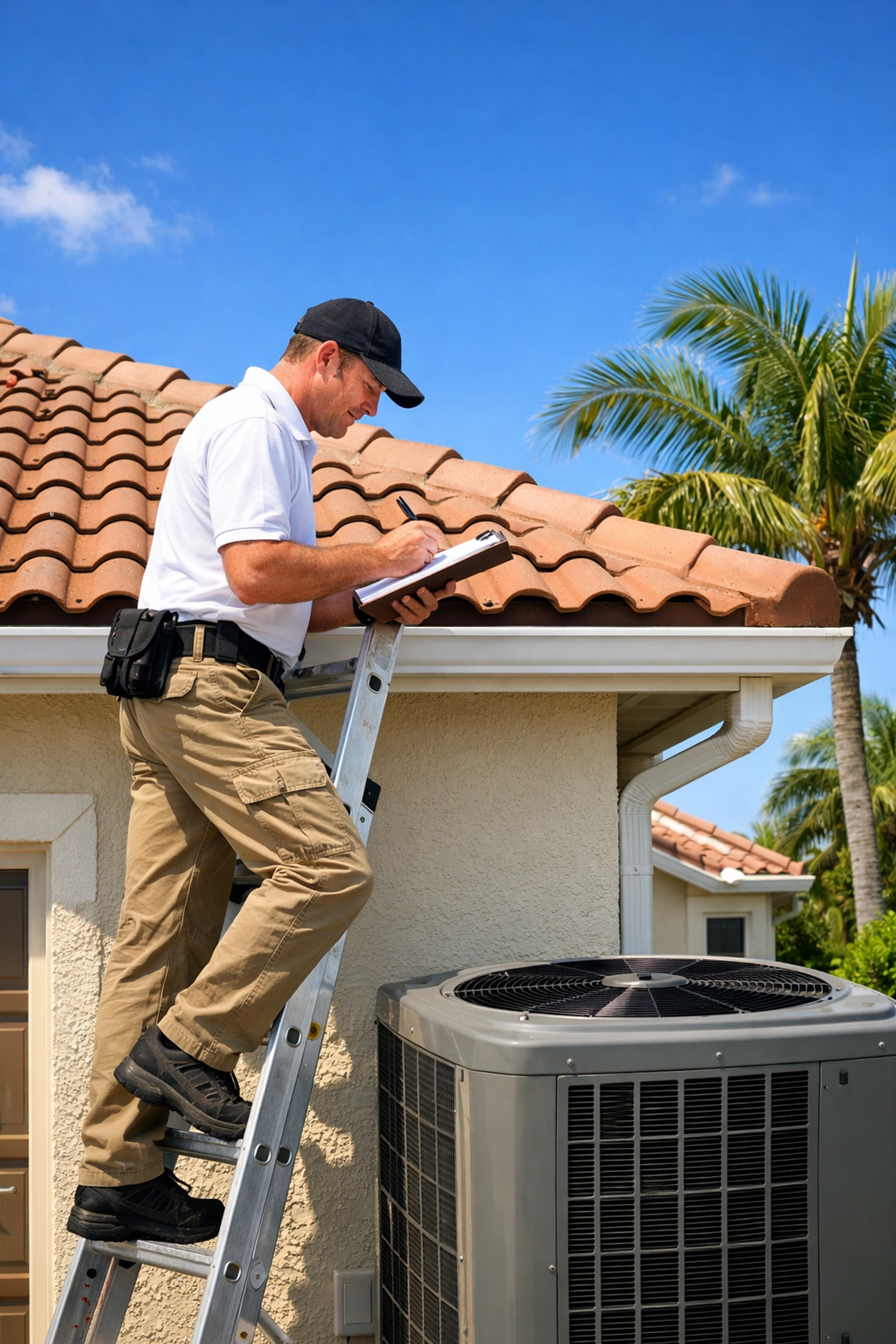 Home inspector examining roof and AC unit on Florida house during inspection