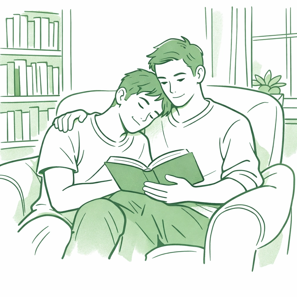 Two men sharing quiet companionship while reading, showing asexual romantic attraction in queer fiction.