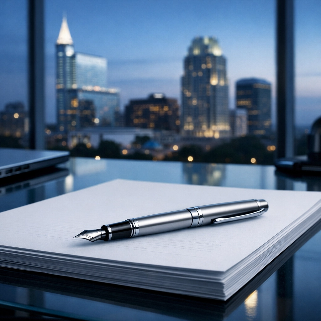 Silver pen on a North Carolina business sale contract with a modern city skyline in the background.