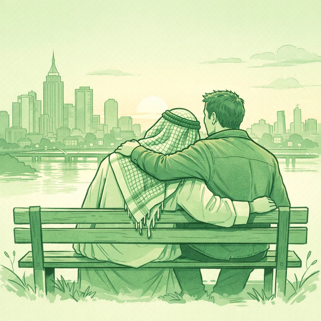 Gay romance couple from different backgrounds embracing on city bench at dusk