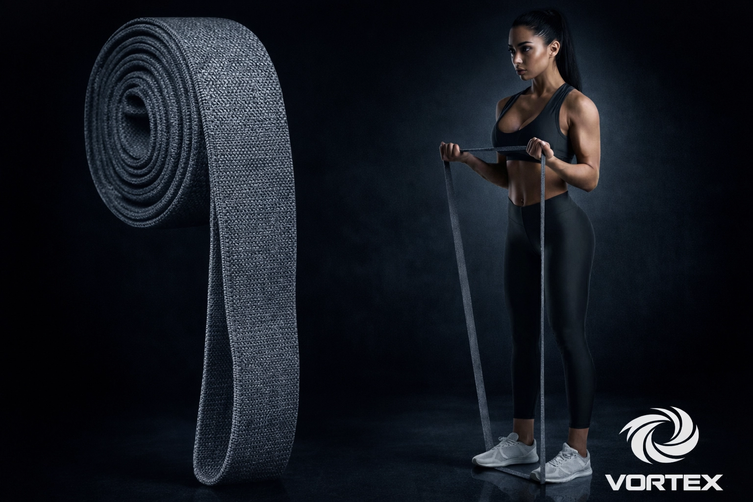 Moody gym scene with Vortex Fitness logo, suitable for rehabilitation band training.