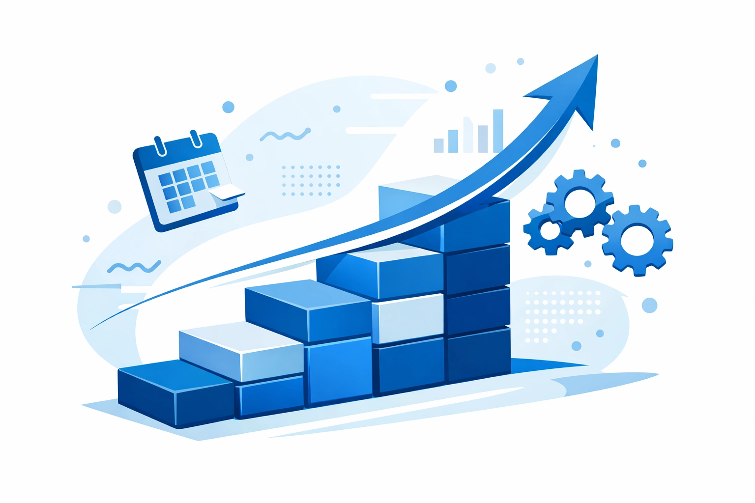 Strategic growth blocks and calendar icons illustrating a professional digital marketing and content strategy.