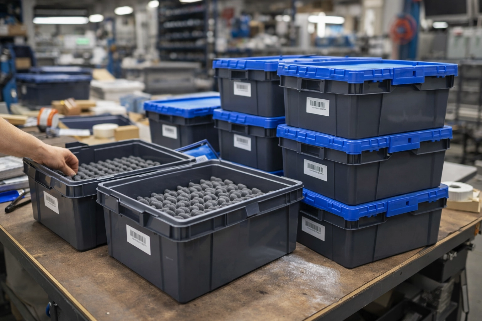 Circular System reusable repair boxes being packed and stacked in a real workshop (photorealistic, authentic lighting, no text)