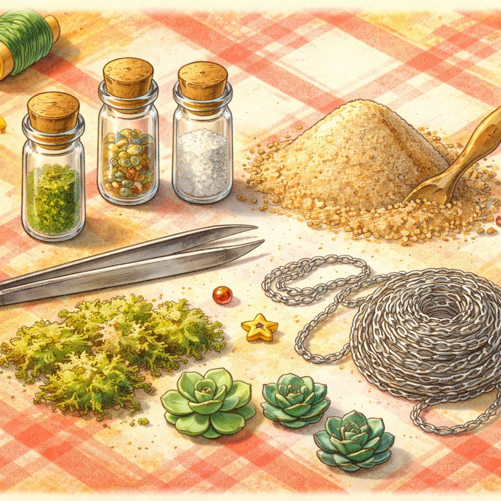 Crafting supplies for DIY succulent jewelry displayed on a table, including glass vials, moss, and tiny rosettes