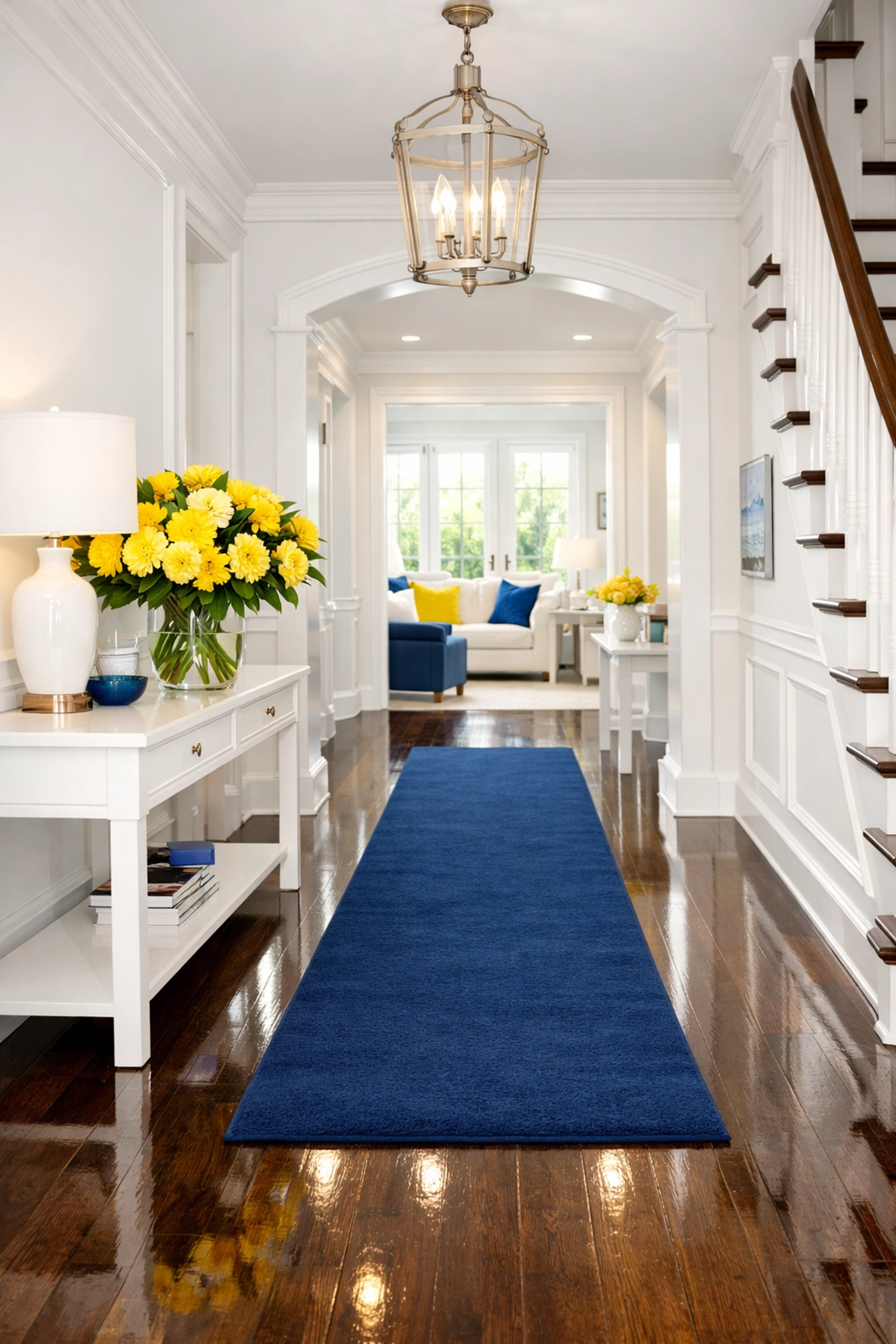 Polished luxury entryway with shiny hardwood floors reflecting top-tier residential cleaning Massachusetts standards.