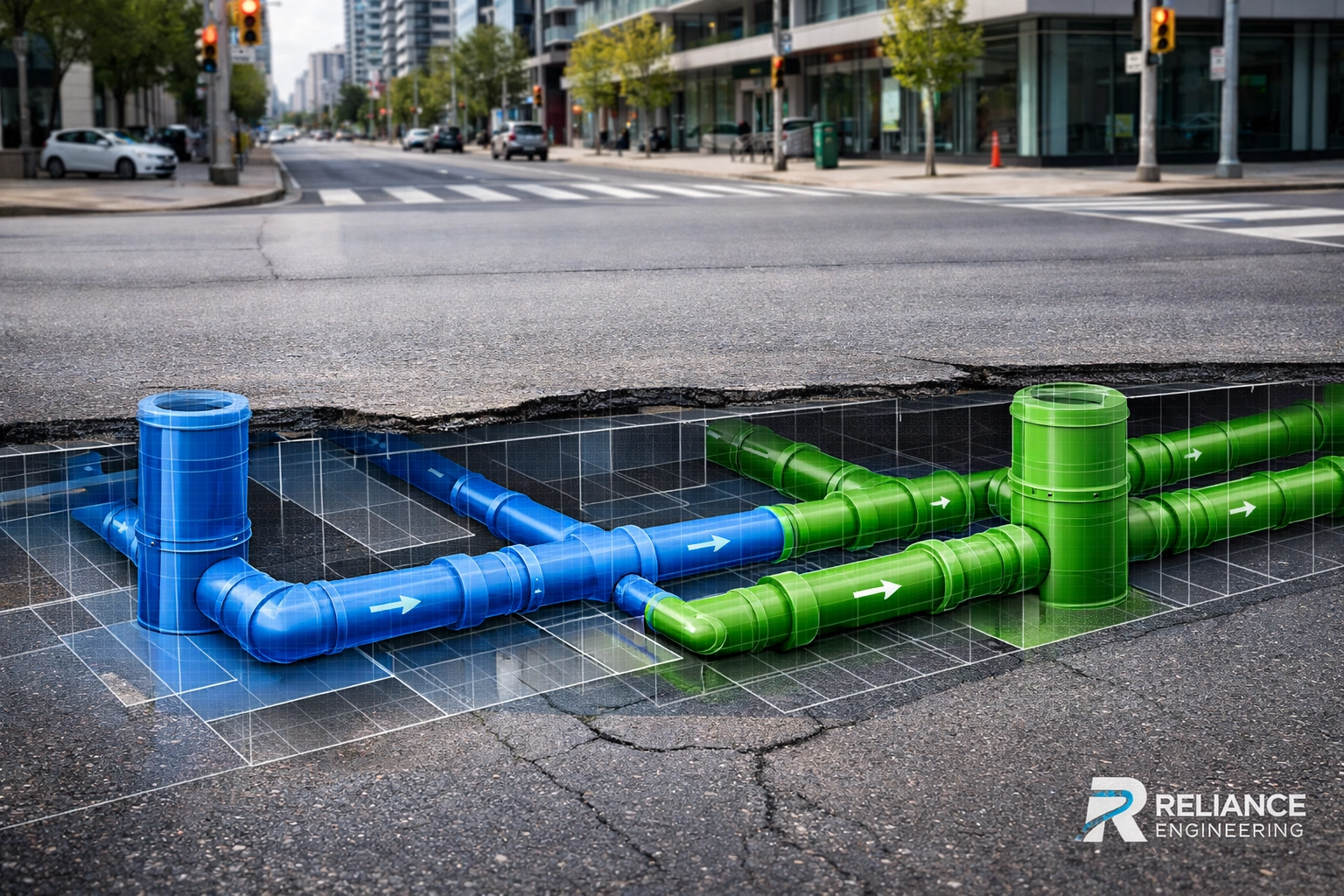 3D overlay showing underground storm and sanitary sewer pipe capacity in the Greater Toronto Area.