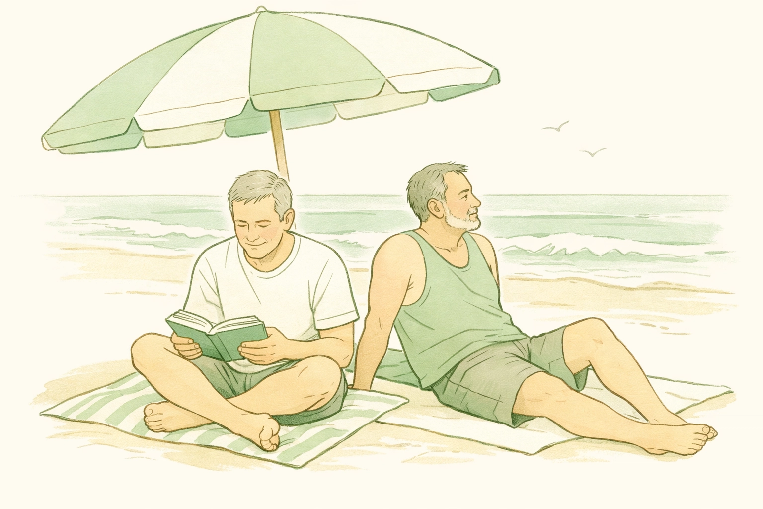 Gay men over 50 relaxing at beach, reading gay romance novels in peaceful setting