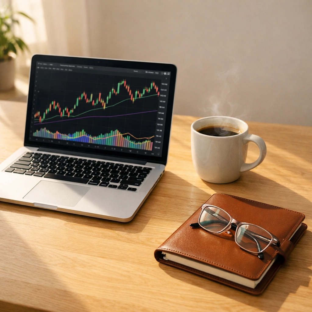 Minimalist home office desk with a laptop showing financial charts for retirement planning.