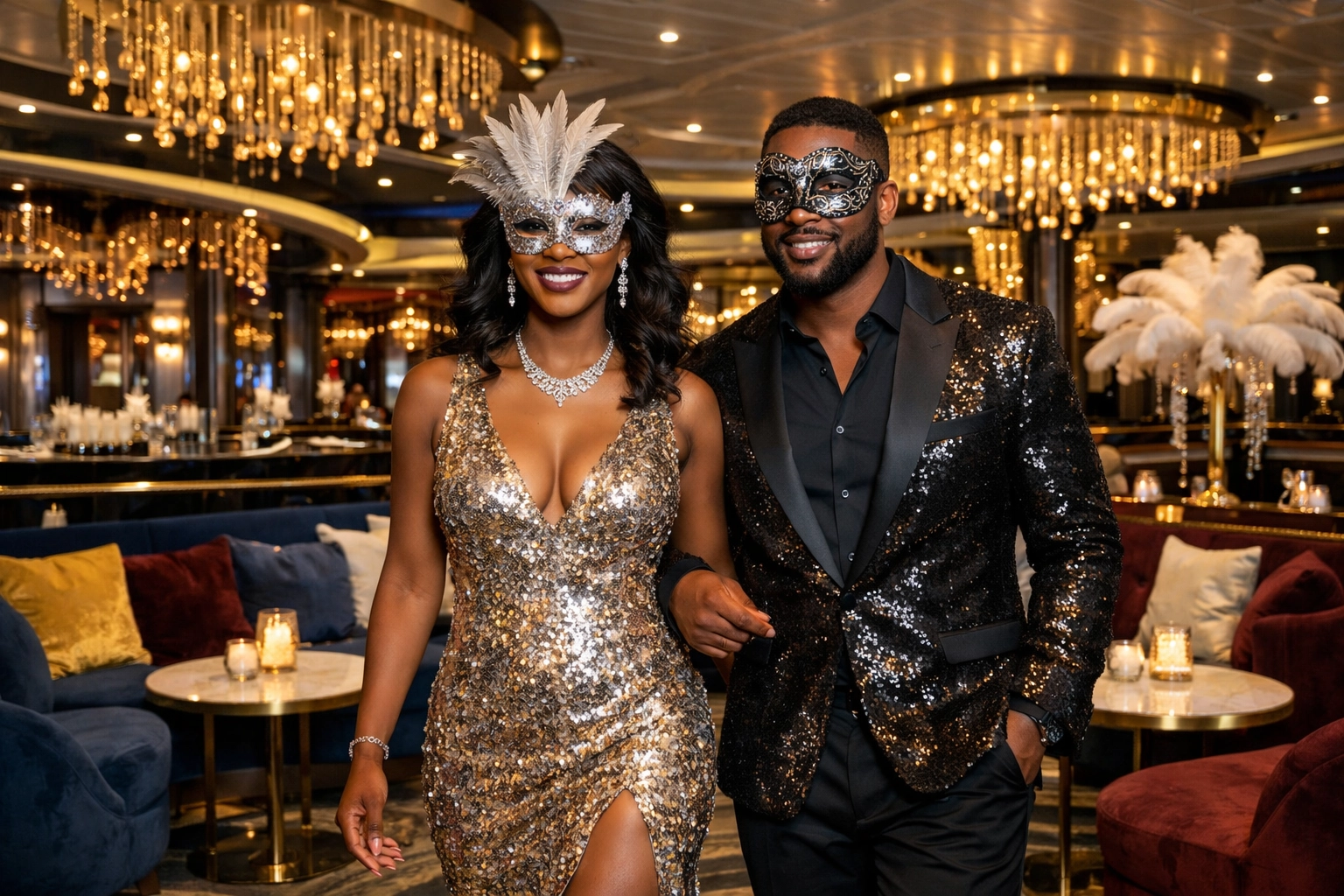 A couple in glamorous theme night outfits at a luxury cruise lounge, highlighting the expertise of an Adults Only travel agent.