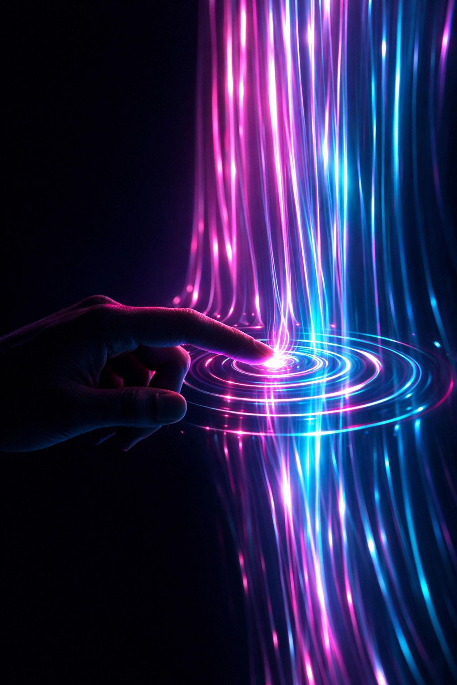 Human hand touching digital light curtain symbolizing invisible payments and frictionless retail.