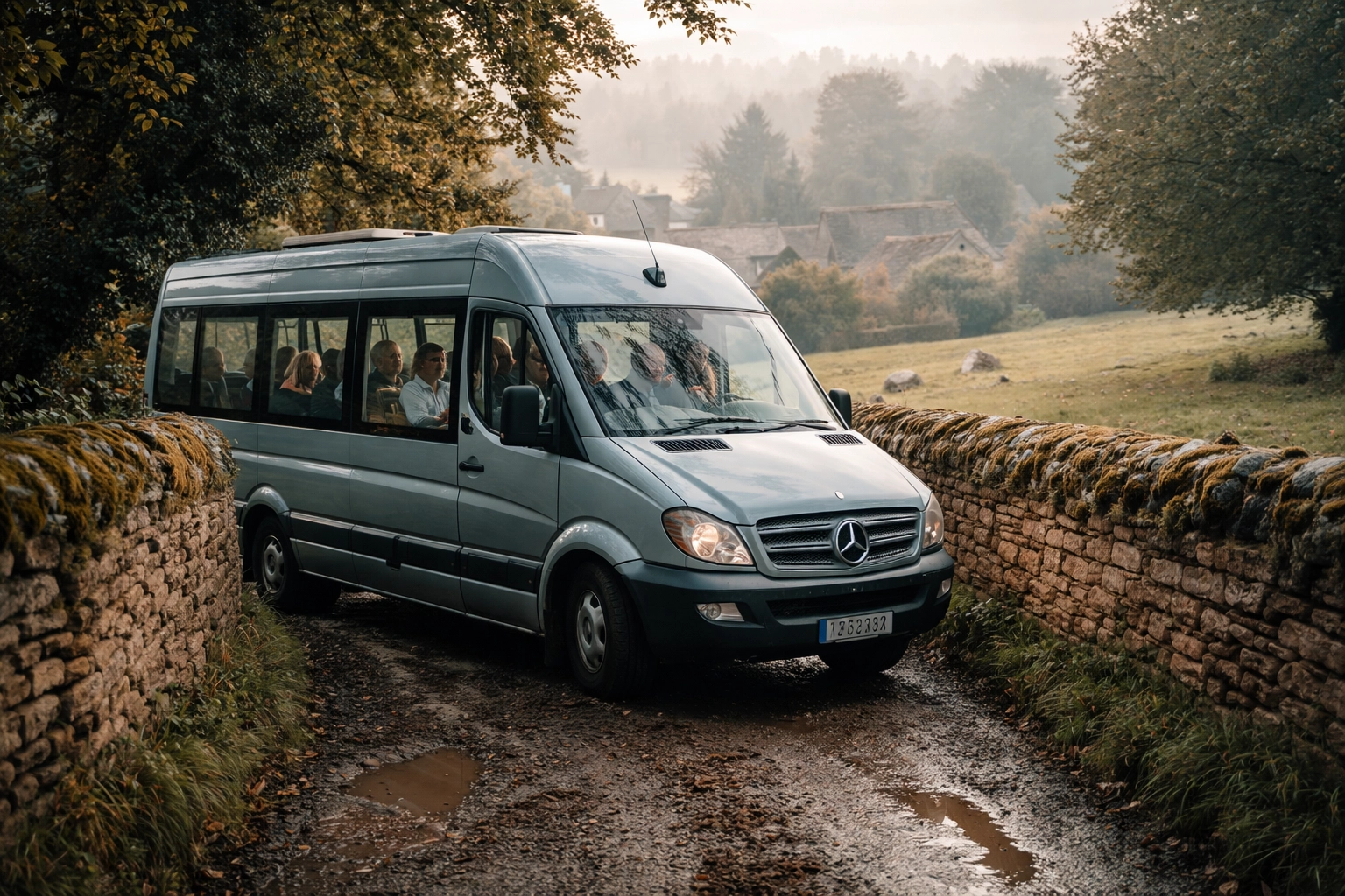 Small group in a silver blue Mercedes minibus on a narrow Cotswolds country lane near stone walls and thatched cottages