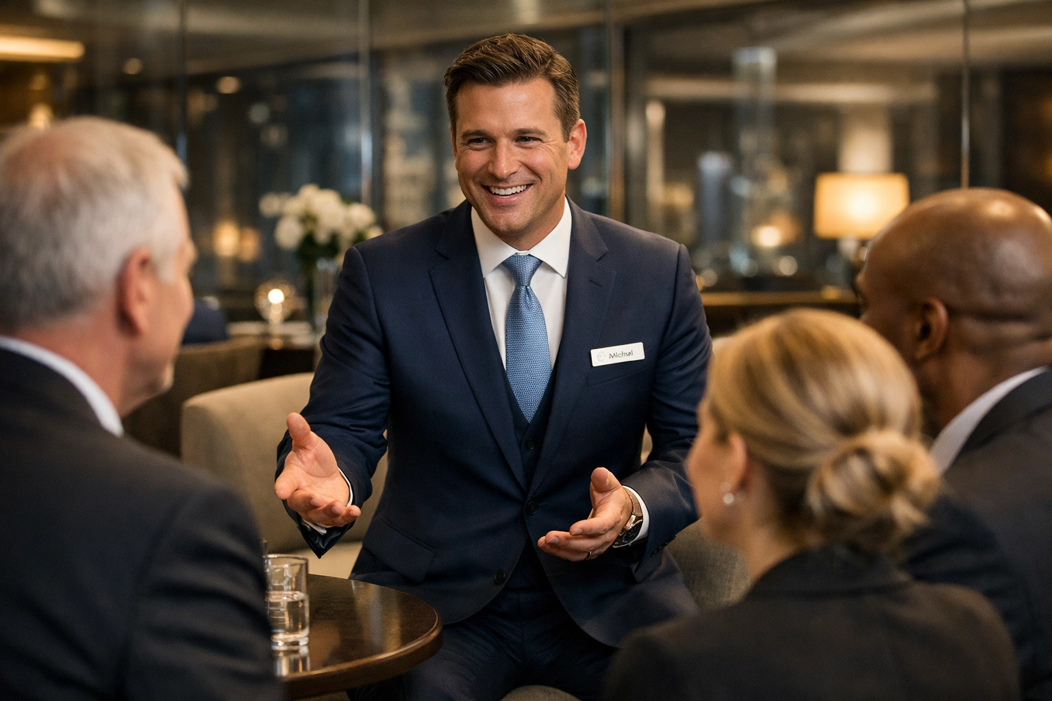 How to Integrate Super Bowl Luxury Logistics With Your Executive Branding Strategy Professional brand ambassador assisting executive guests in a luxury VIP lounge.