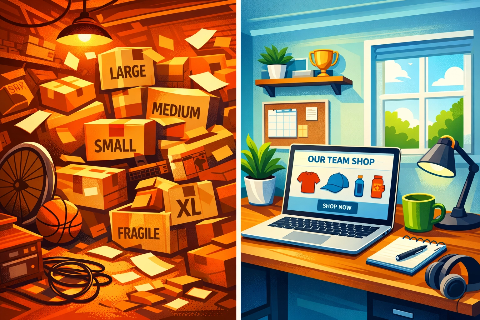 Comparison of cluttered garage inventory versus organized online team store with no inventory stress