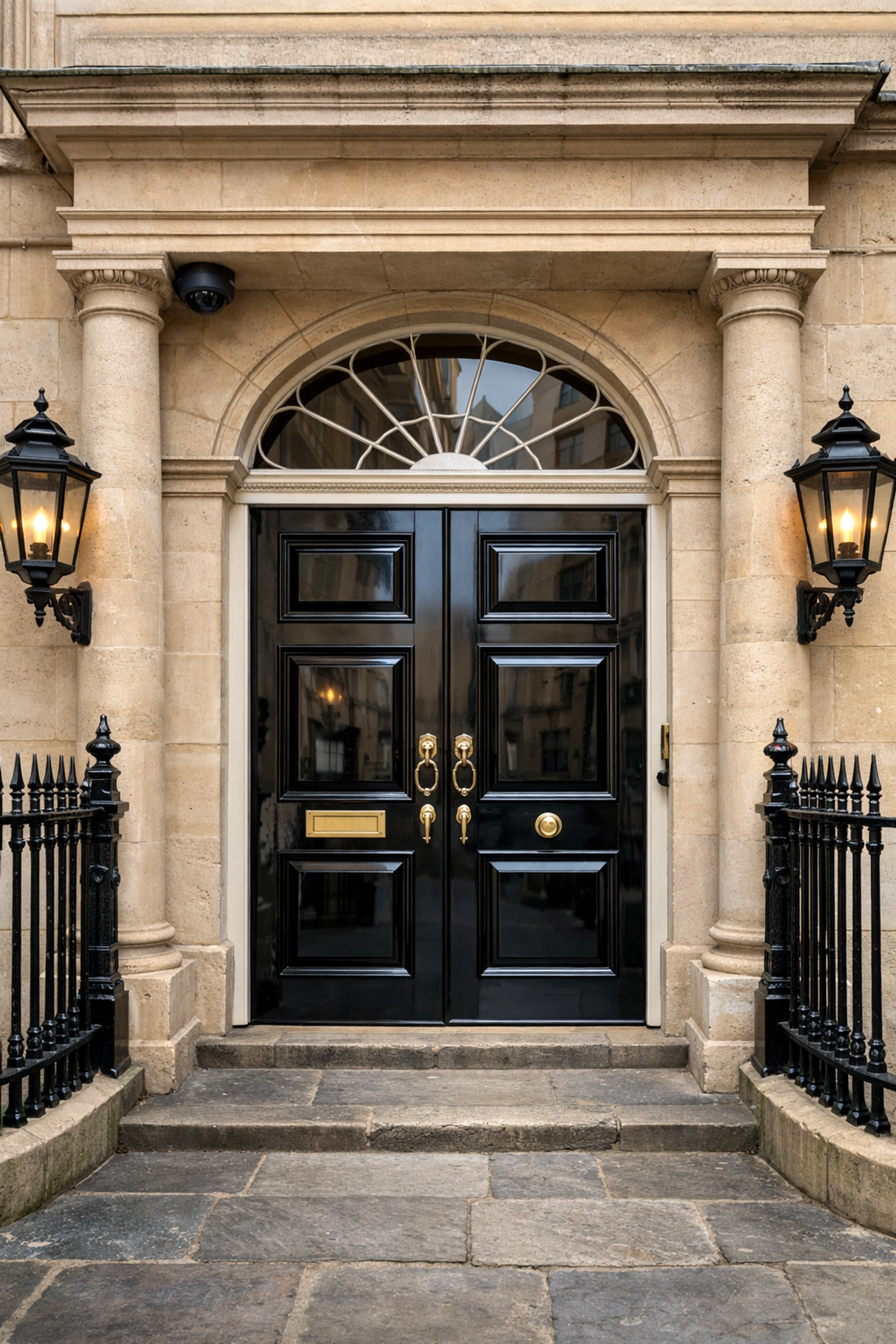 Discreet dome security camera installed on a historic Georgian business entrance in Bath.