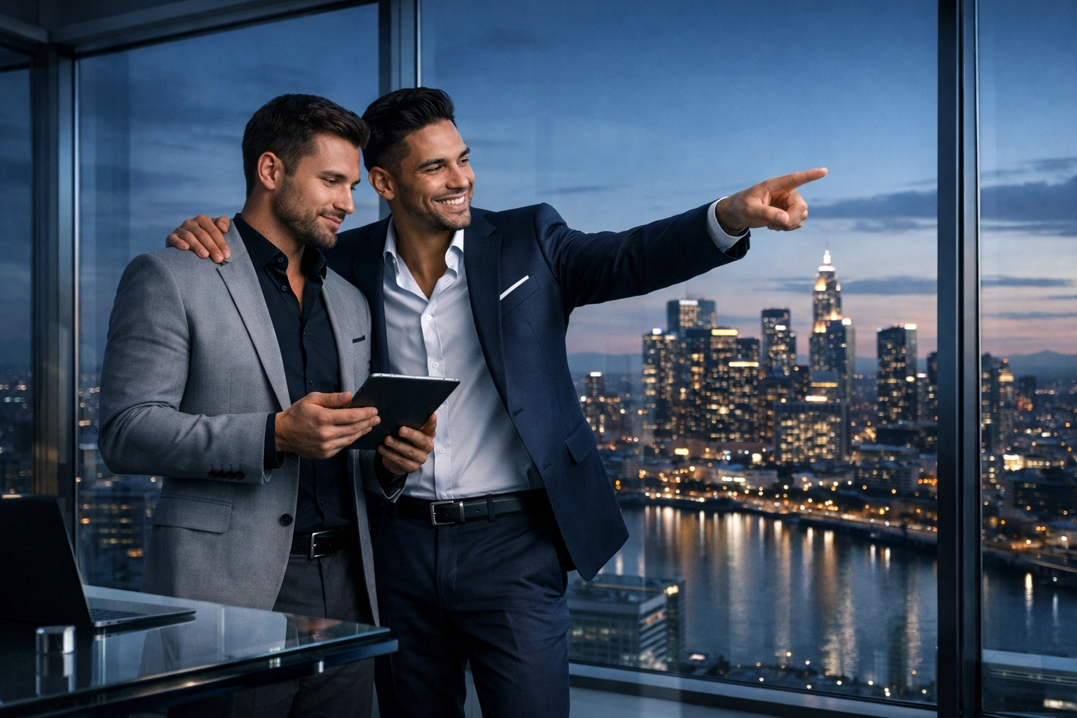 Successful gay couple collaborating on financial goals and life milestones as a team.