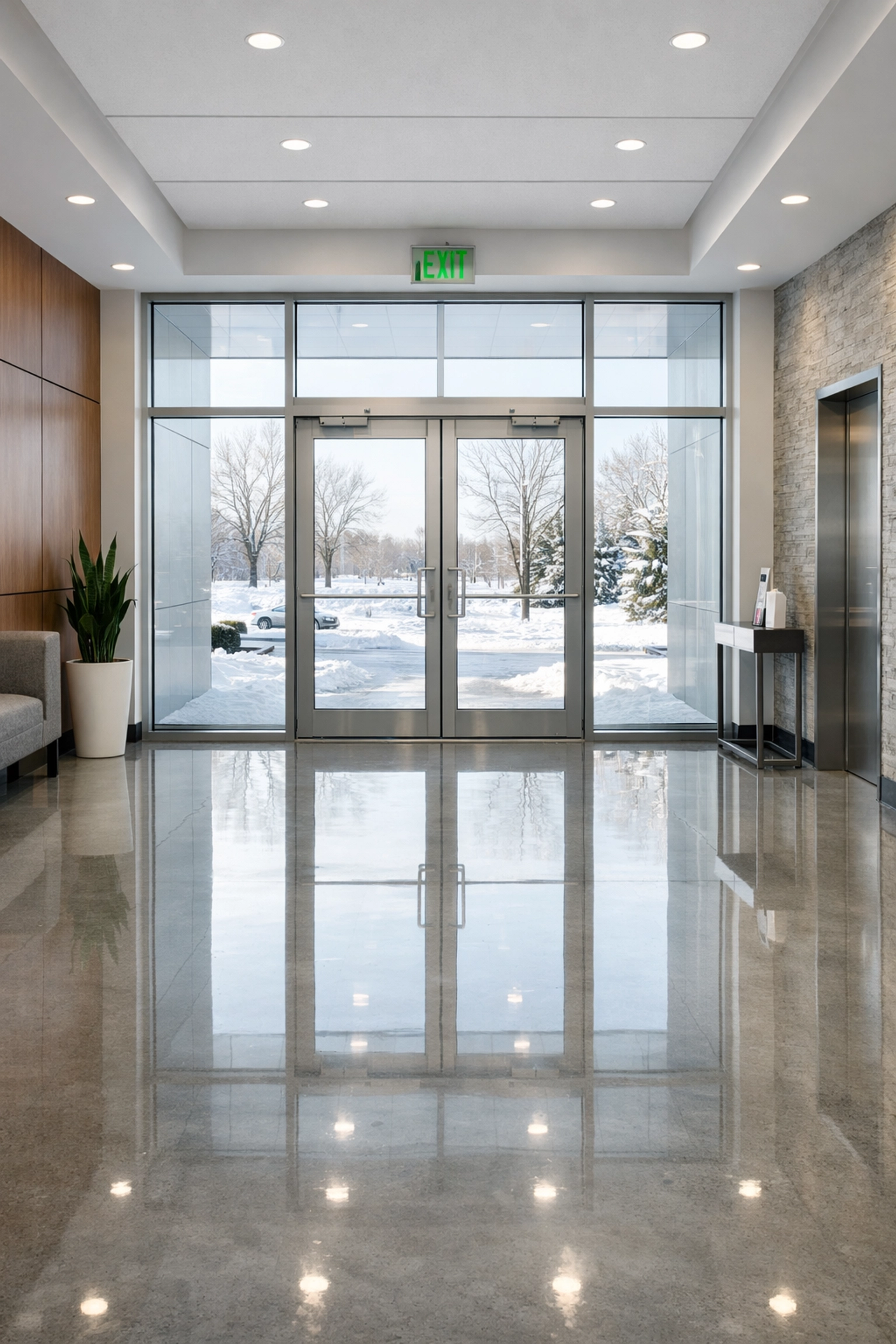 Pristine office building interior with polished floors, showing professional cleaning standards in Chicago winters.