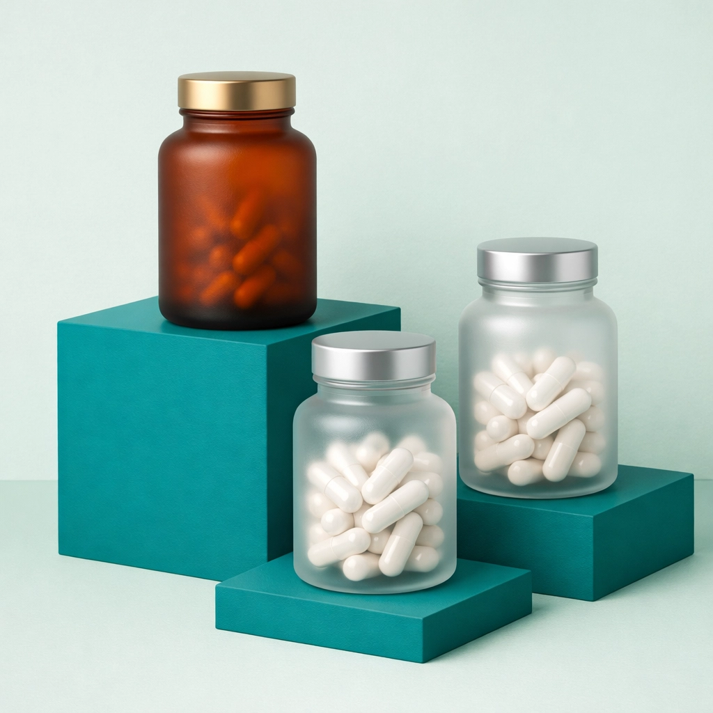 Frosted glass supplement bottles providing essential vitamins for joint health and recovery.