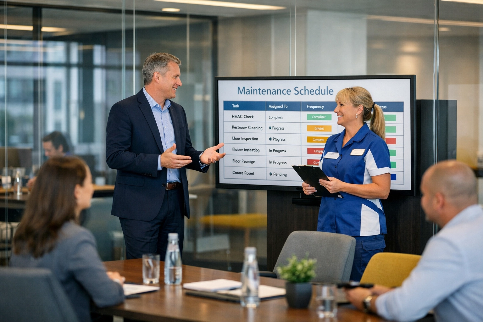 Business owner and janitorial services Massachusetts manager discussing a tailored office cleaning plan.