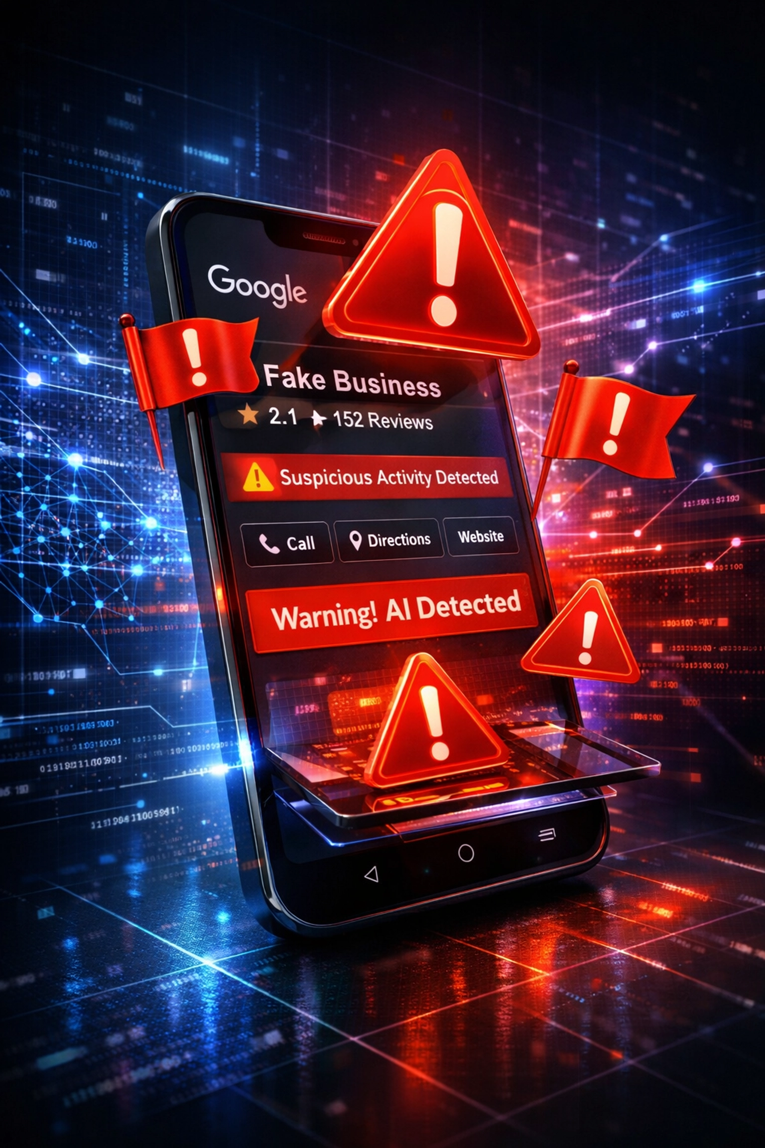 Google AI detecting fake review patterns on business profile with warning alerts