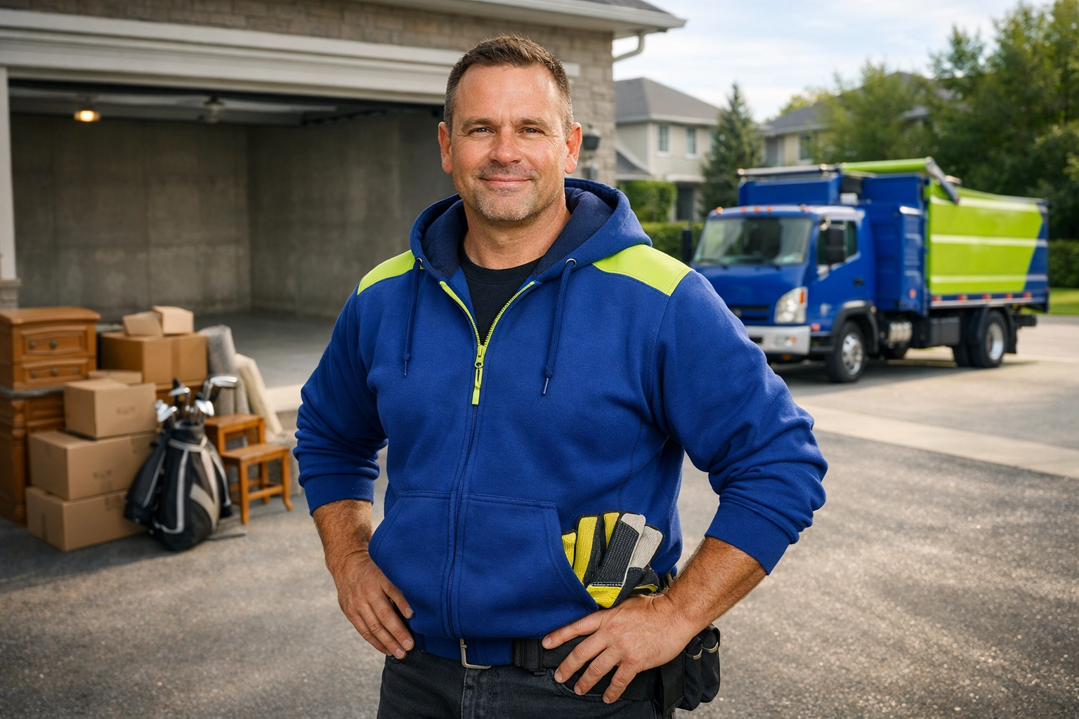 Roman overseeing an Innisfil garage cleanout with items sorted on a driveway for efficient junk removal.