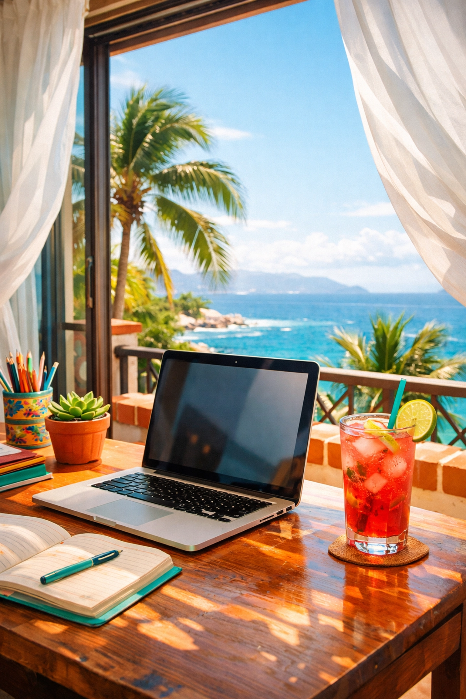 Digital nomad workspace in Puerto Vallarta condo with ocean view through windows