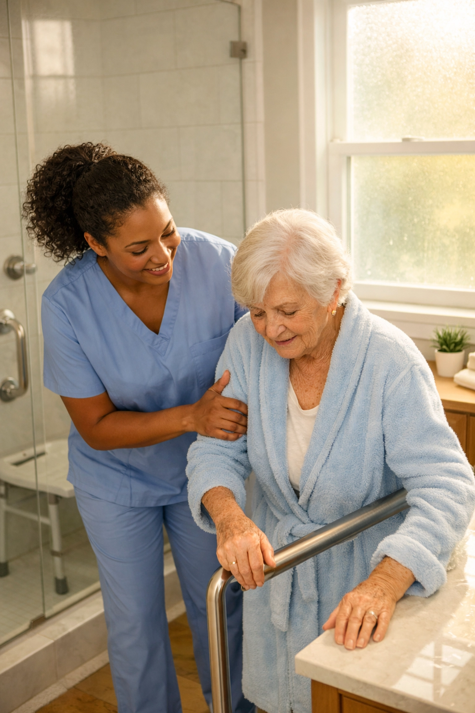 Caregiver assisting senior with safe bathing after hospital discharge in Fauquier County home