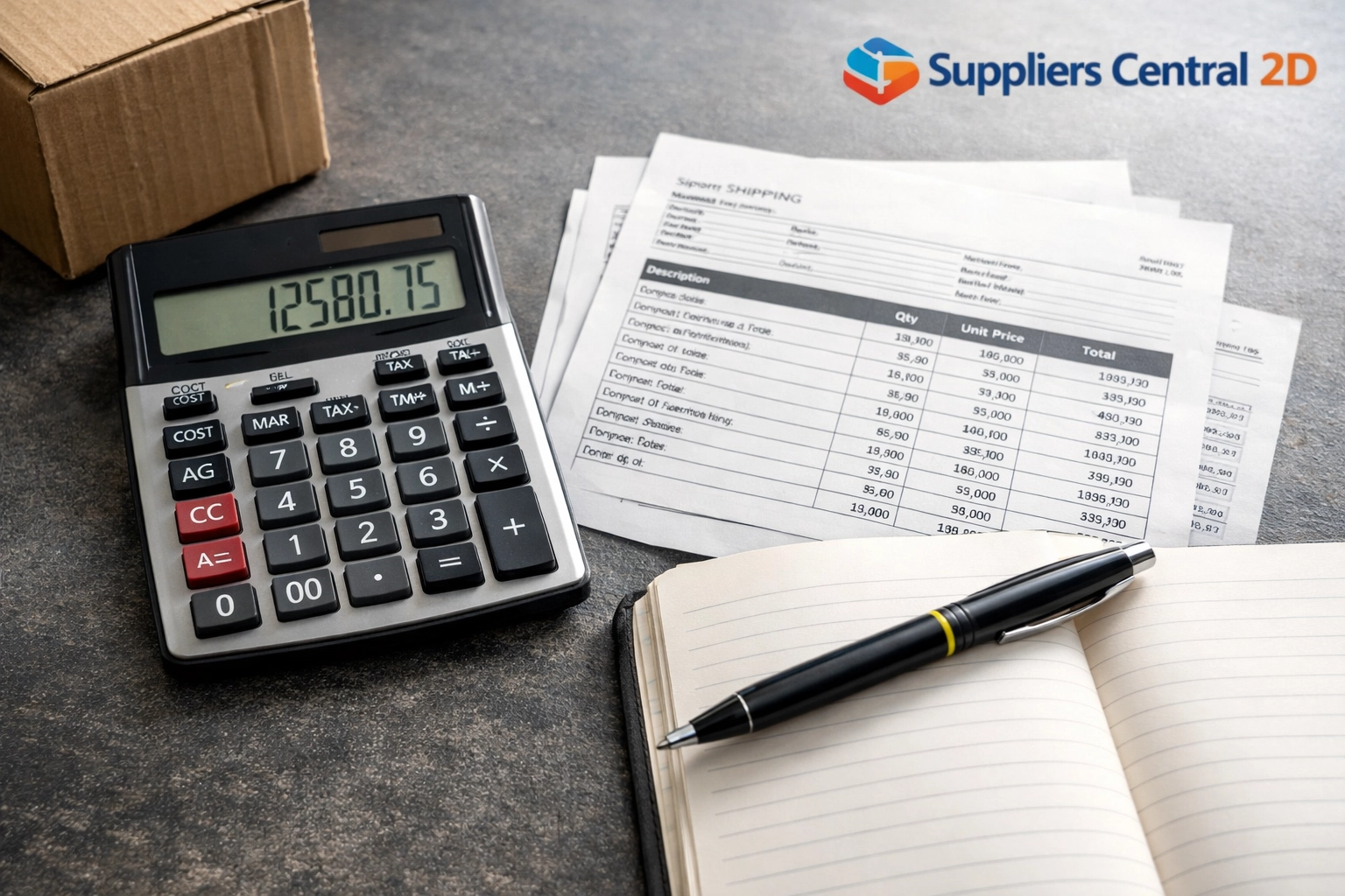 Calculator and shipping papers on a desk for calculating Amazon FBA wholesale fees and logistics costs.