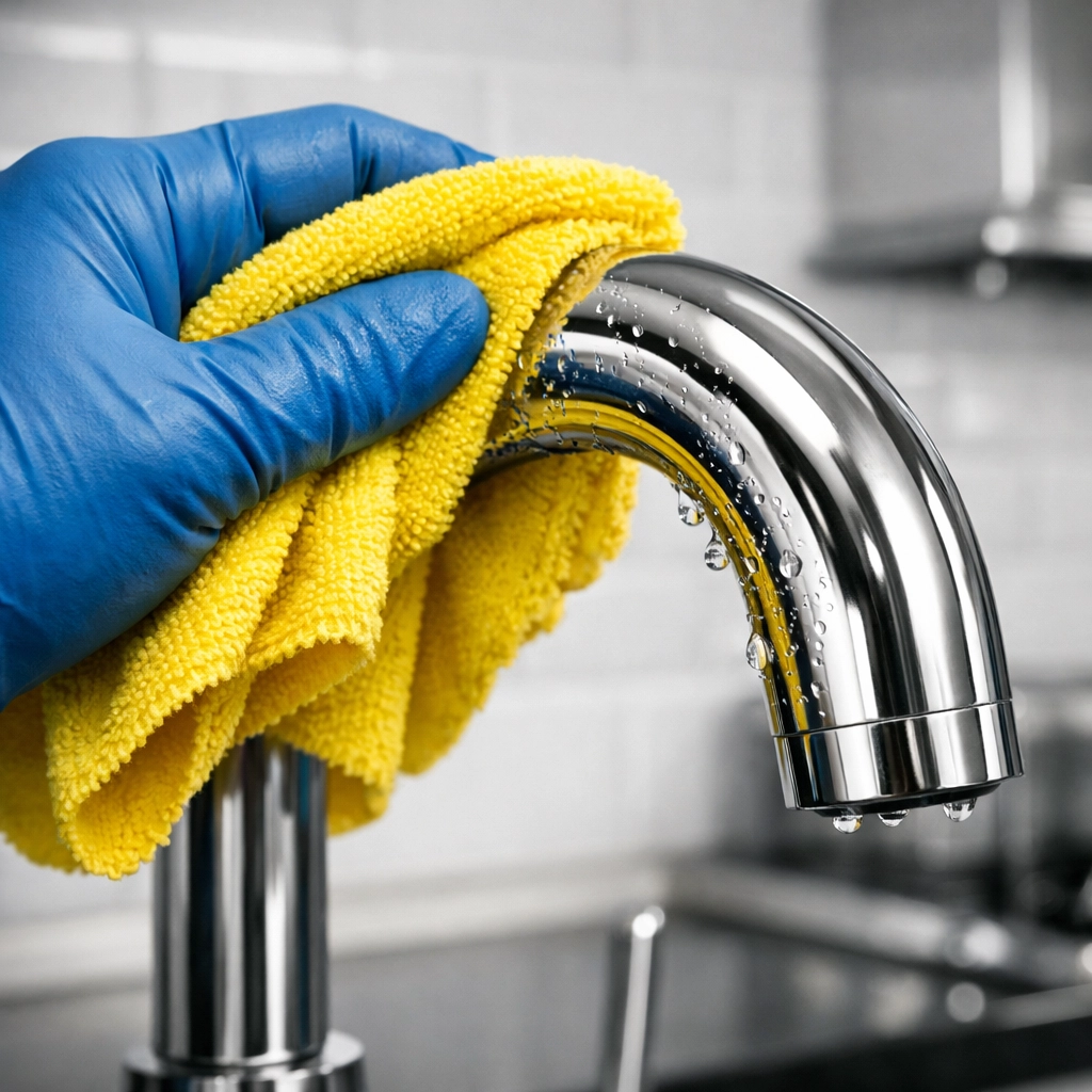 Professional cleaners Clinton MA meticulously polishing kitchen fixtures for a streak-free shine.