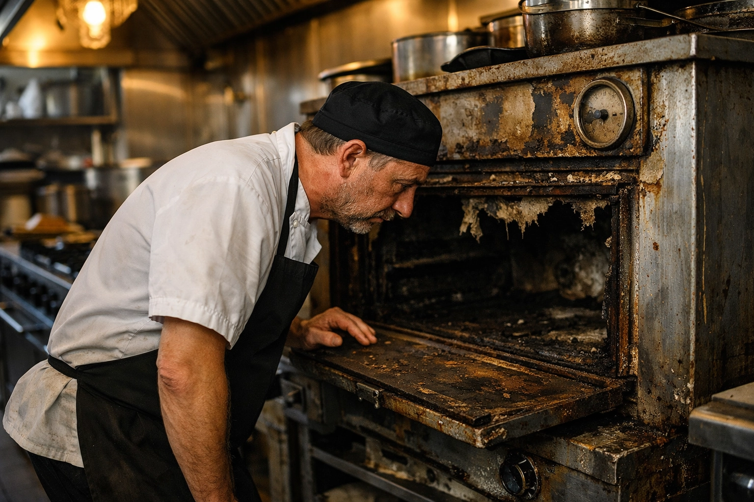 Chef inspecting aging kitchen equipment showing deferred maintenance in restaurant operations