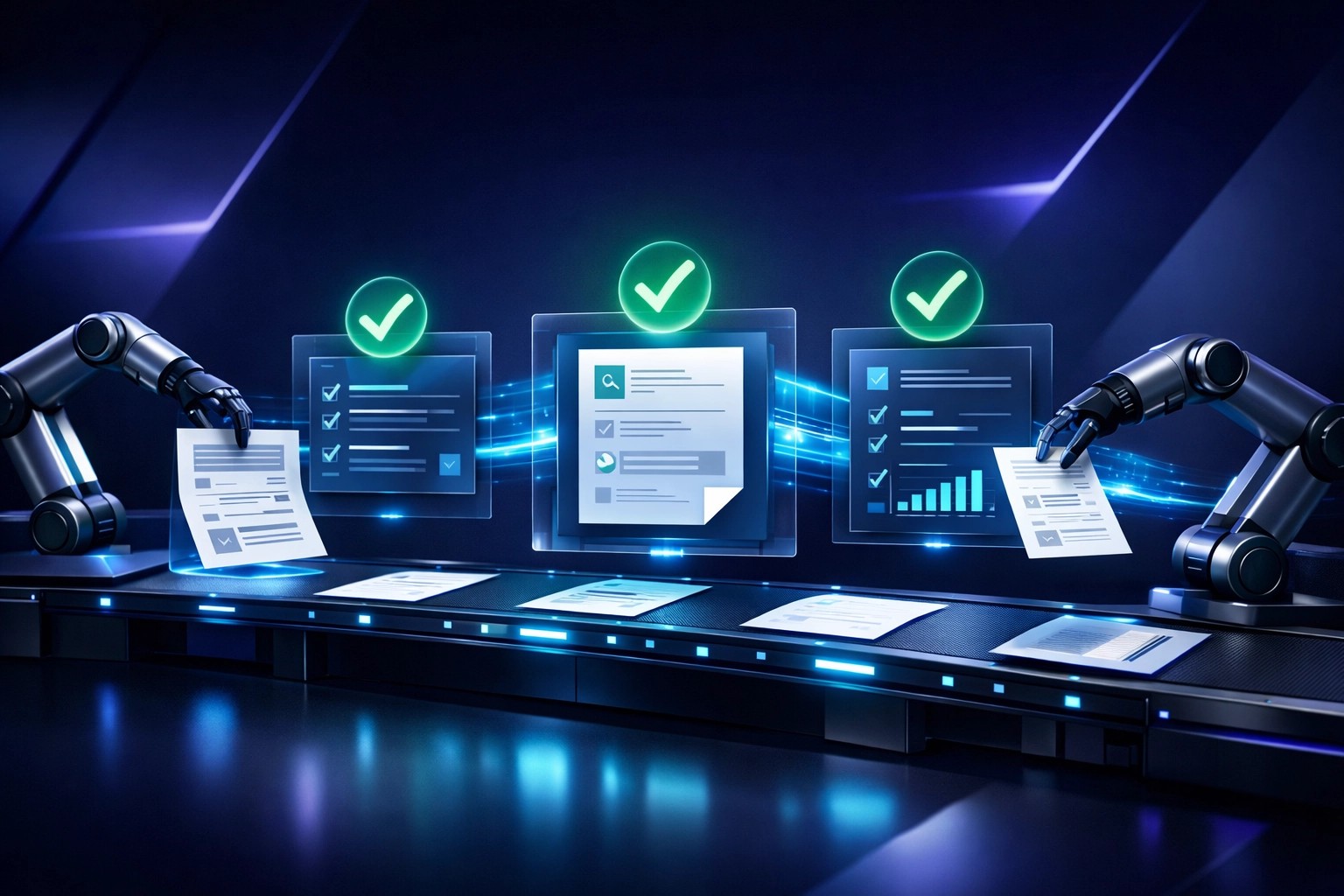 Automated digital workflows processing business tasks with data streams and completion indicators
