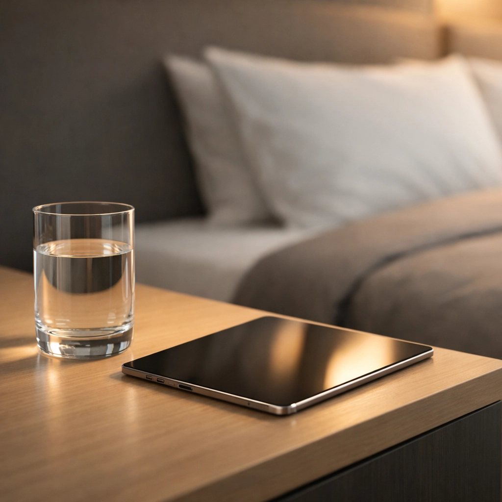 Hotel bedside tablet reflecting a personalized guest experience and unified digital profile.