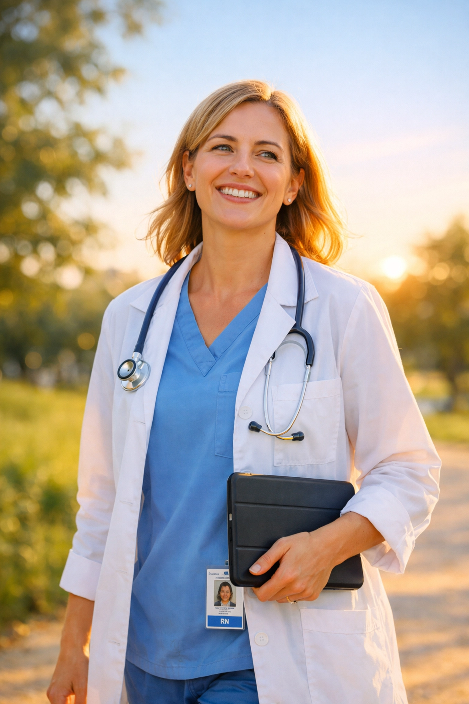 Happy healthcare clinician enjoying work-life balance after reducing documentation time with AI tools