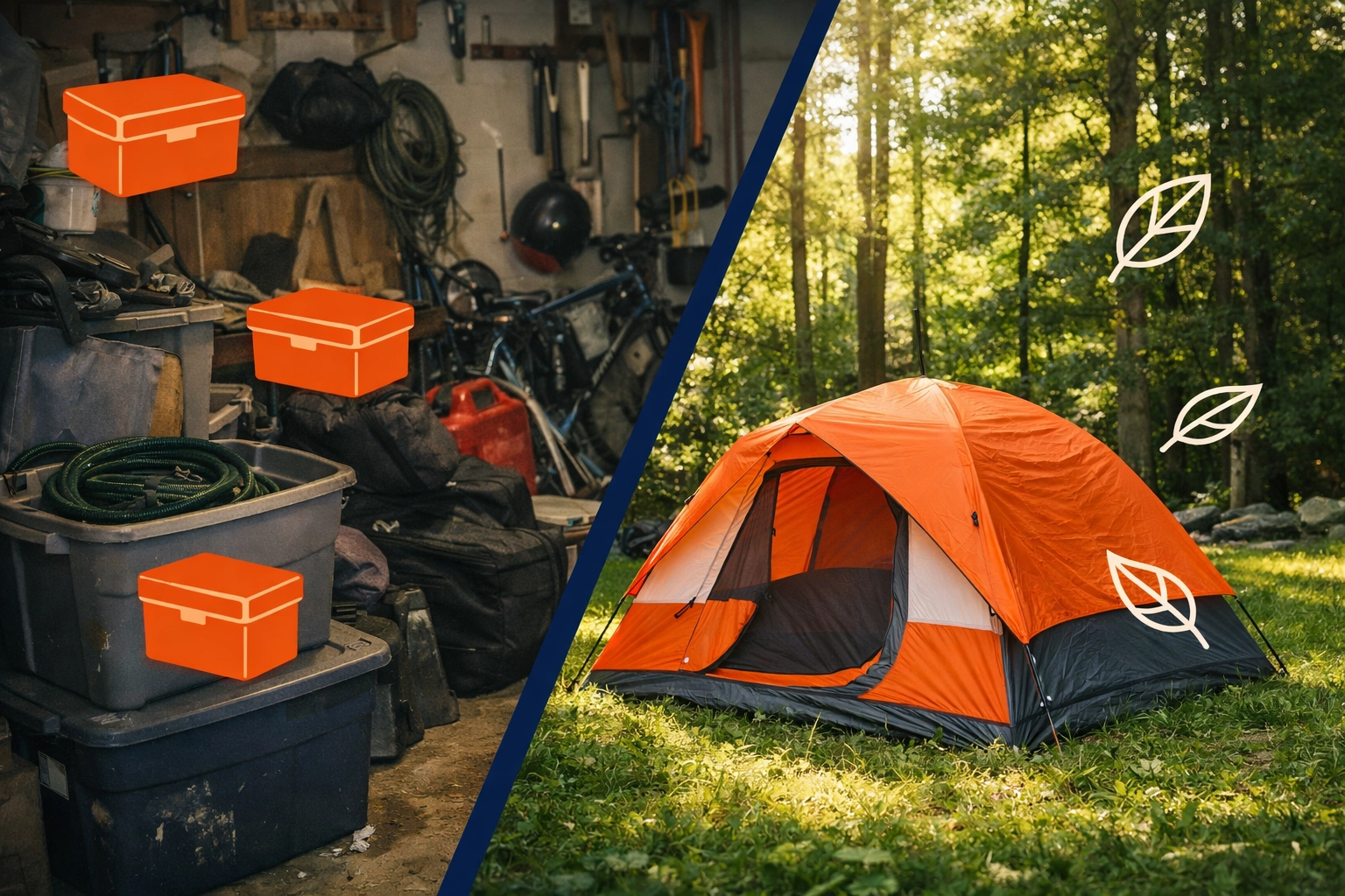 Comparing a cluttered Woburn garage with stress-free camping in a scenic Massachusetts forest tent.