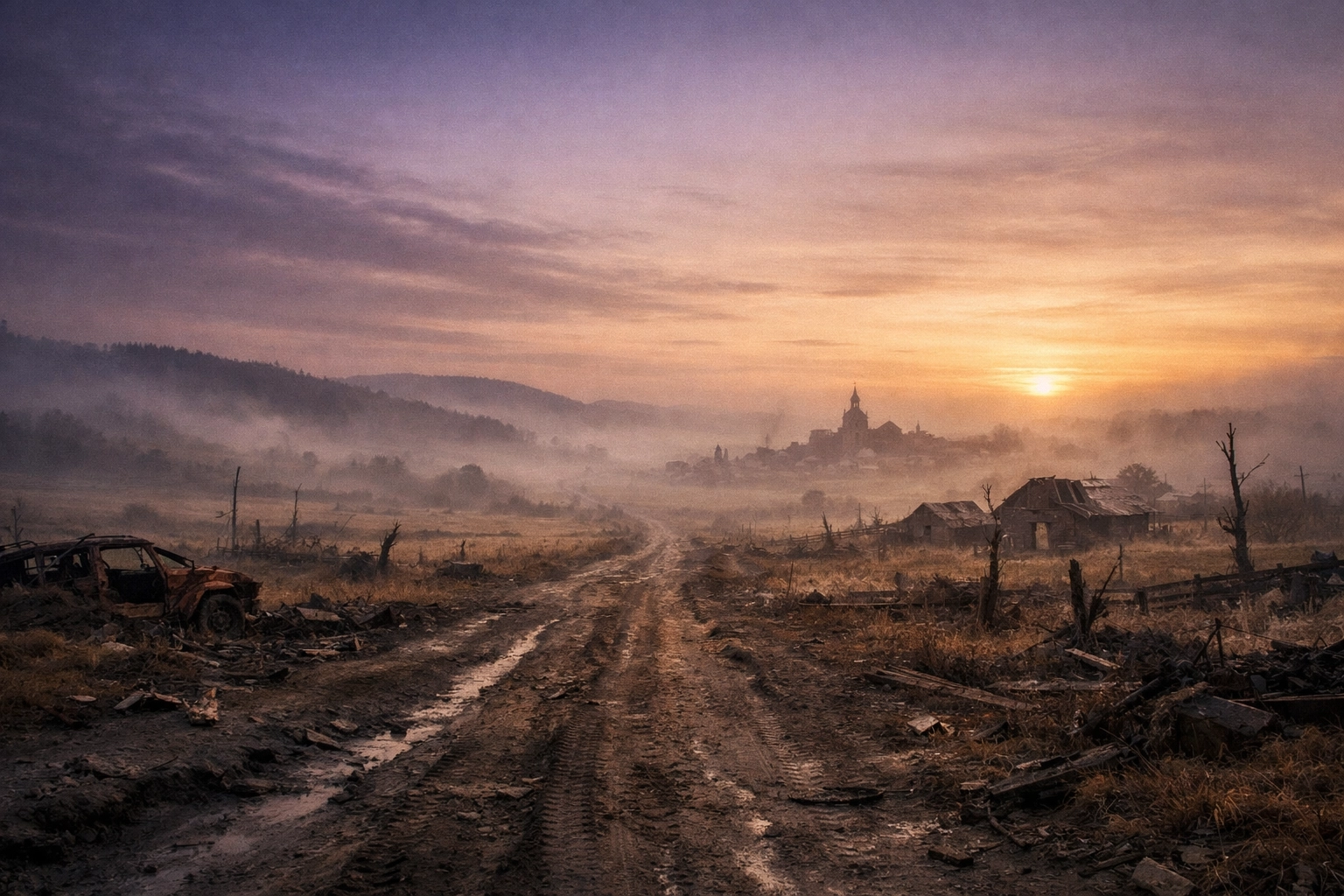 Dawn breaking over war-torn Ukrainian landscape symbolizing hope amid ongoing conflict