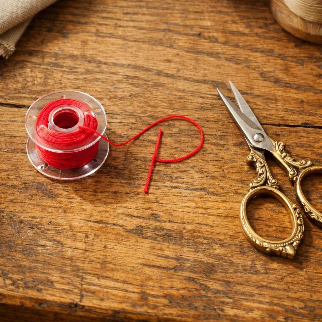 Red thread on a plastic bobbin forming a 'P' shape on a wooden table to show correct thread direction.