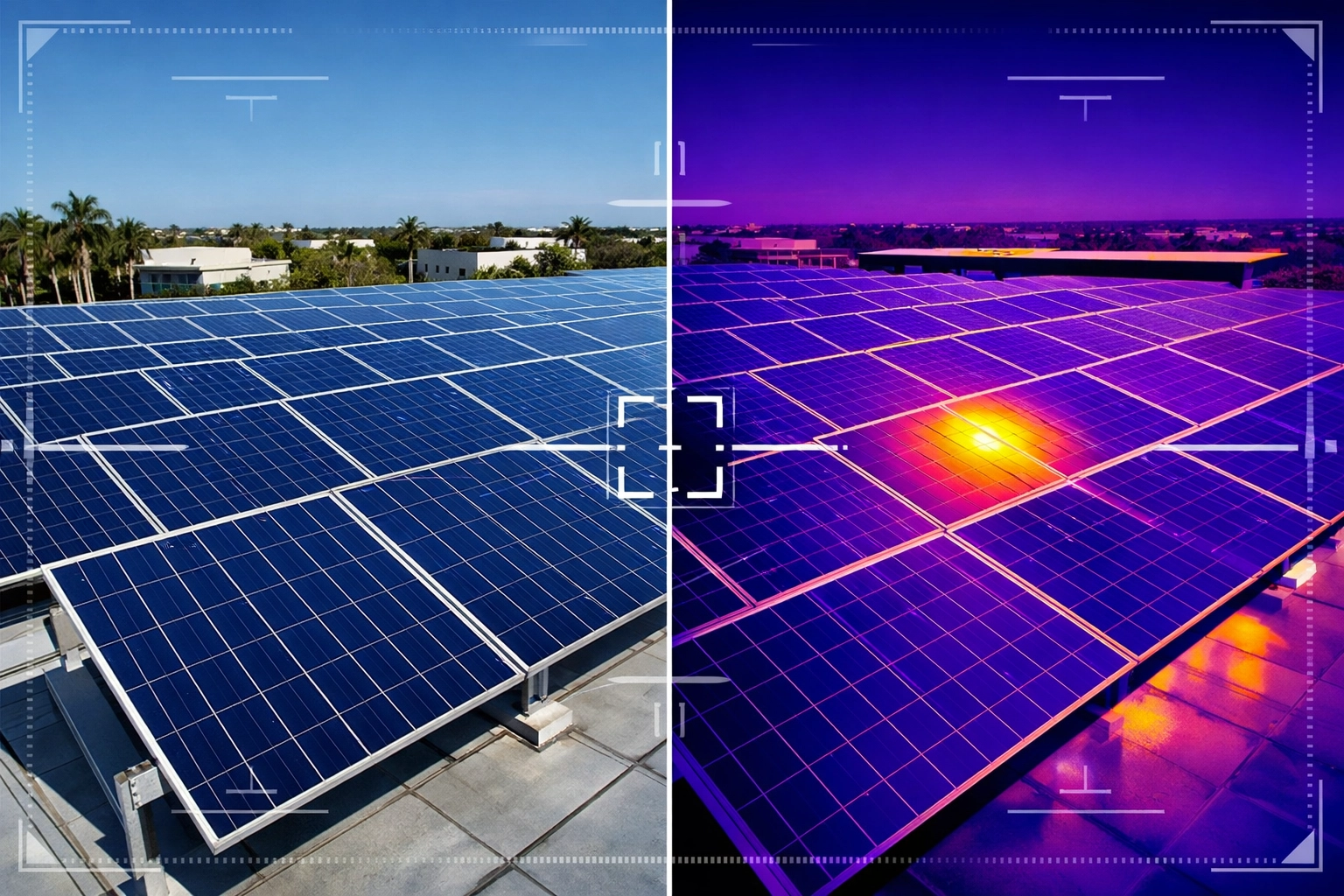 Split-screen drone imagery comparing visual and thermal views to detect defective solar cell hotspots.