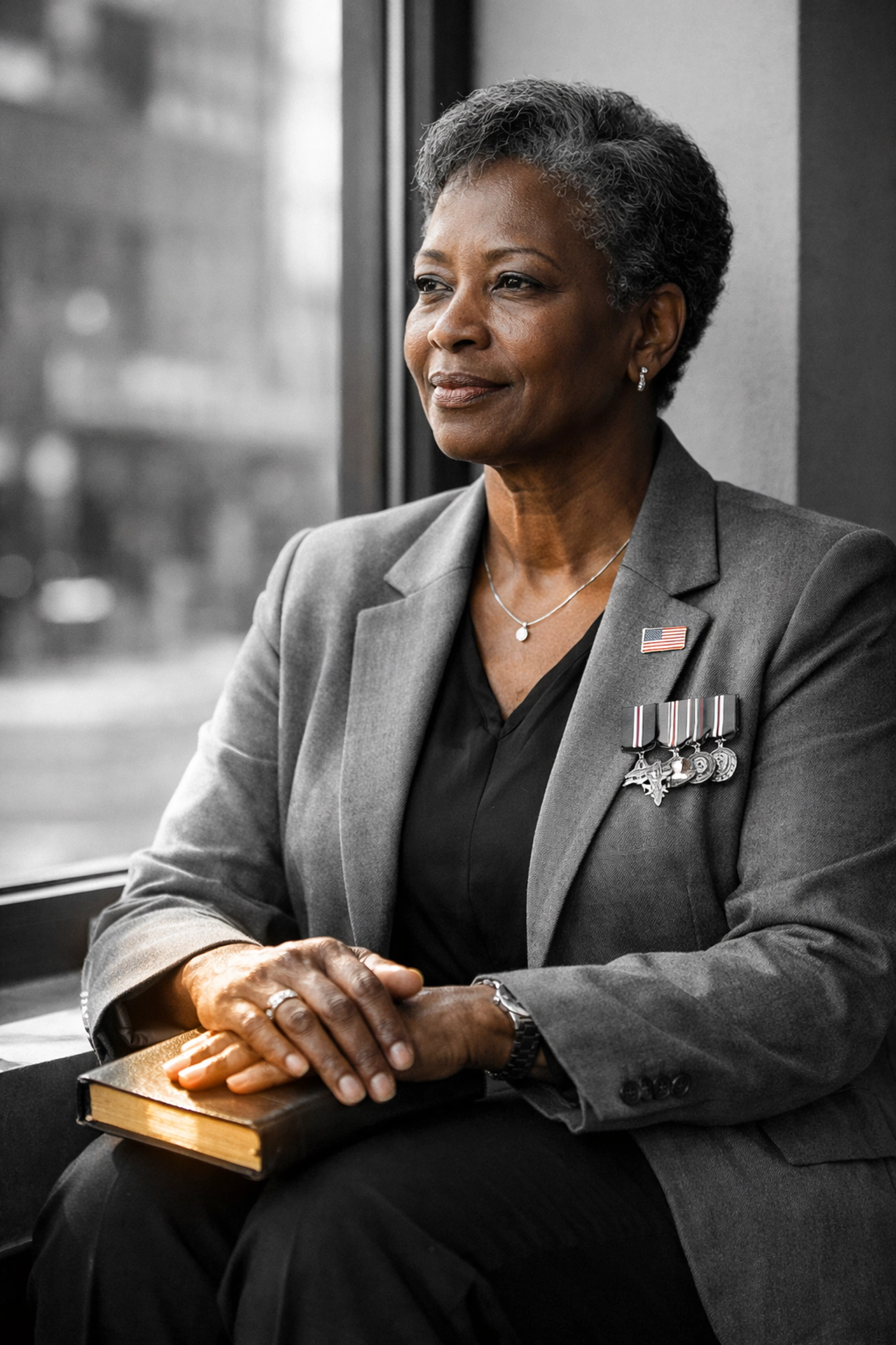 Black female veteran finding peace and strength through faith in a modern urban setting.