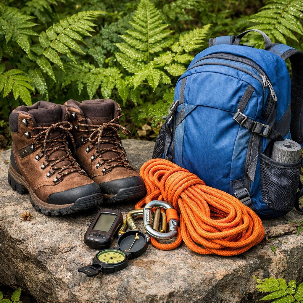 Essential hiking gear including leather boots and a daypack on a mossy rock in the British countryside.