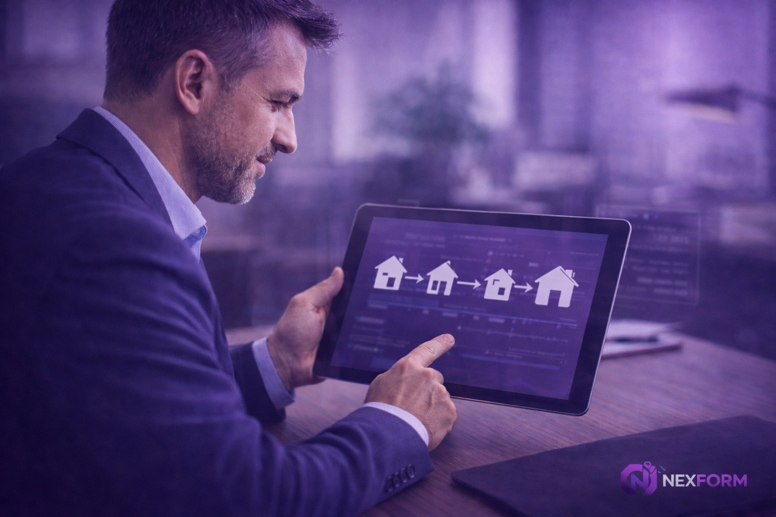 Real estate agent using a digital tablet to manage a property chain flowchart in a modern office.