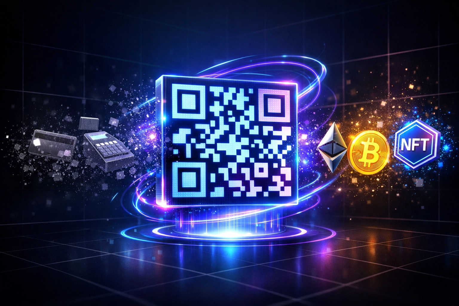 Holographic QR code showing evolution from traditional credit cards to crypto payments and NFT technology