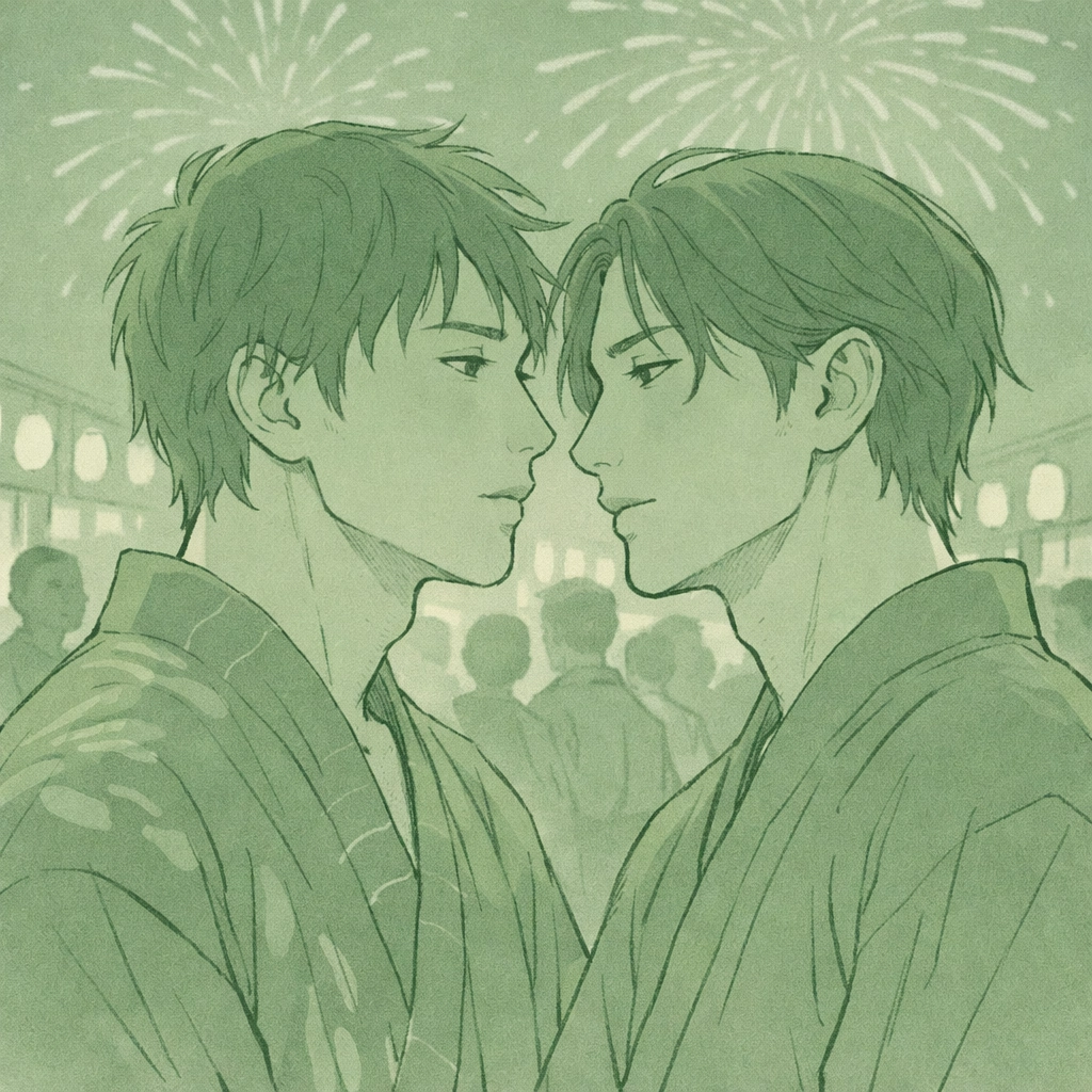 Men's faces illuminated by fireworks - forbidden gay romance at Japanese festival