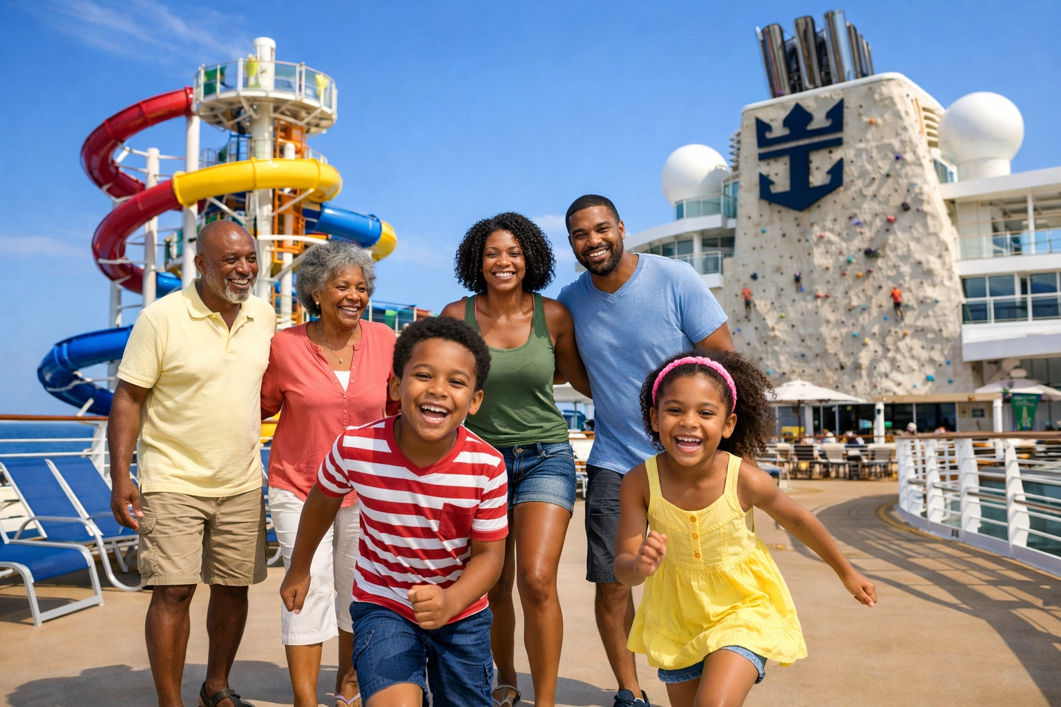 Black family enjoying a Royal Caribbean cruise deck with waterslides and activities for a family adventure.