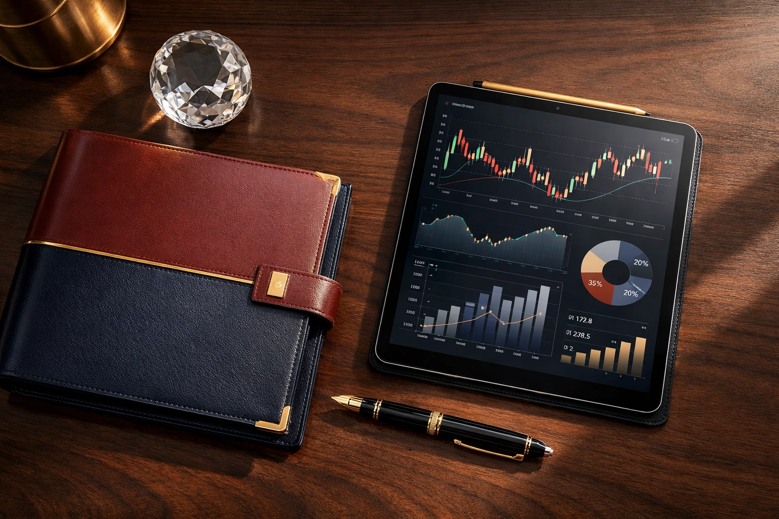 Executive desk with financial charts and investment portfolio for accredited investors