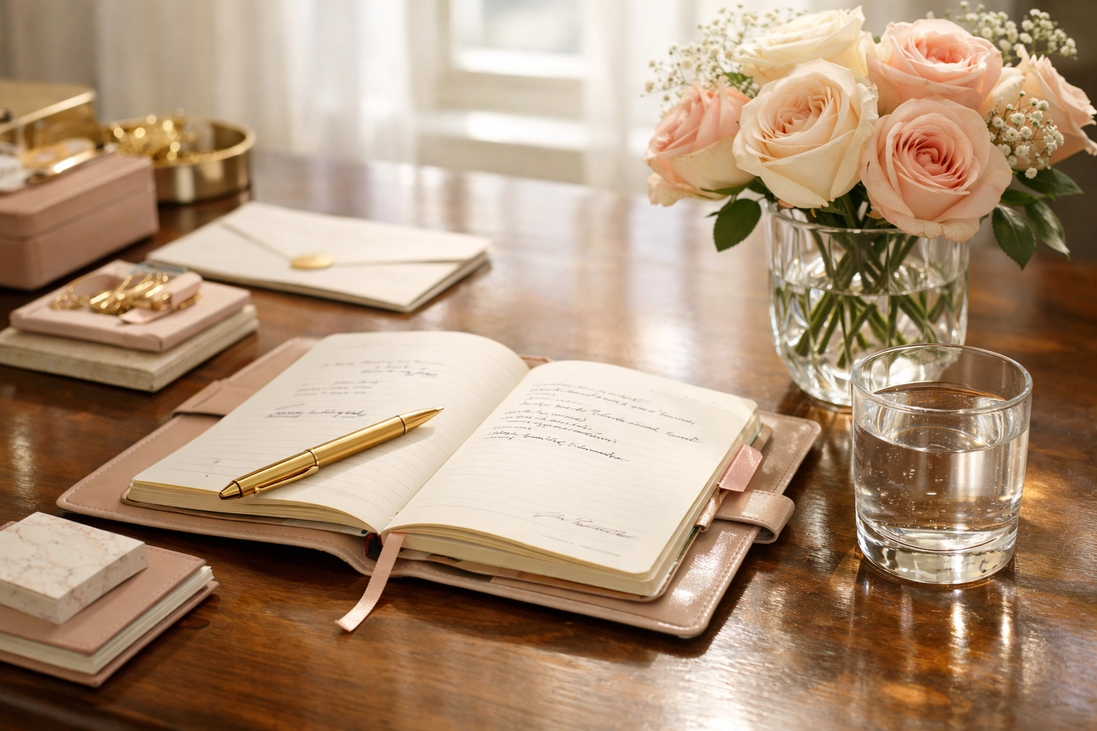 A polished workspace featuring a laptop, a luxury notebook with handwritten notes, and a stylish glass of water, reflecting an elevated but relatable Director headquarters.