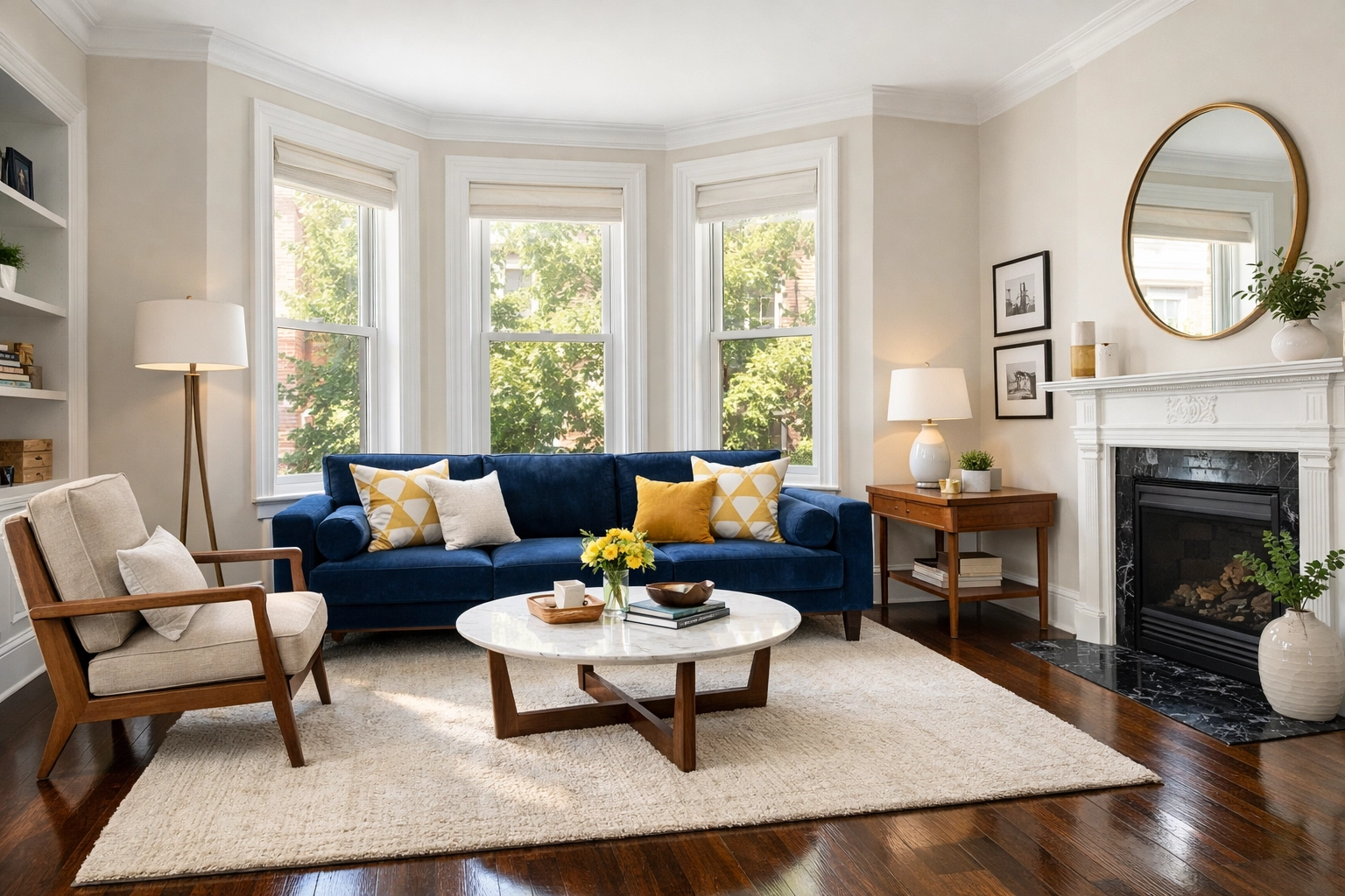 Immaculate living room with hardwood floors after a deep house cleaning service in Central Square, Cambridge MA.