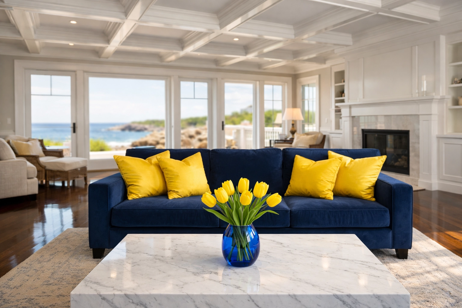 A spotless coastal estate living room maintained by a professional house cleaning service in Marblehead.