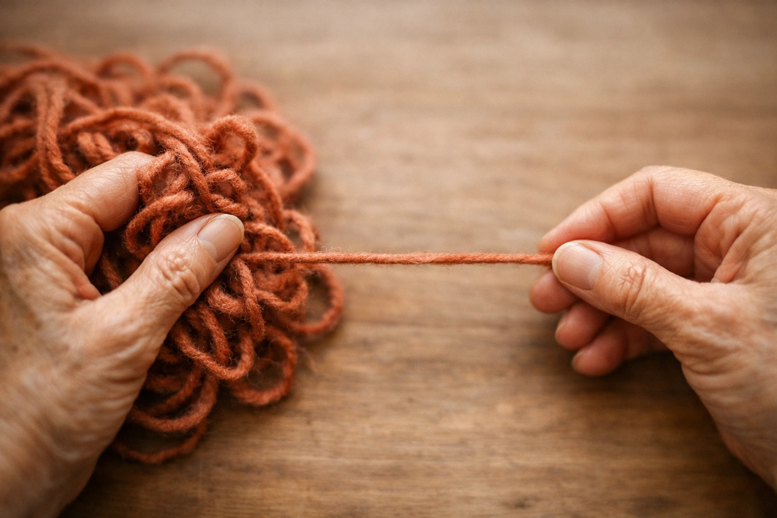 Hands untangling thread, a metaphor for clearing the static of perimenopause anxiety and nervous system overwhelm.